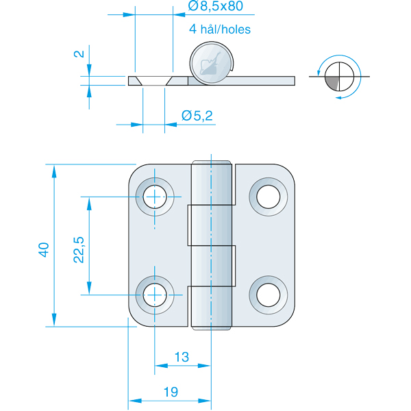 Roca Scharnier rostfreier Stahl 19+18x40mm
