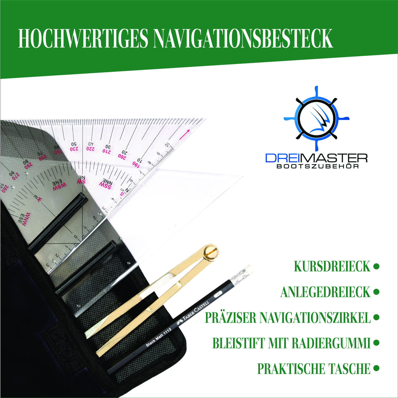 Dreimaster-Bootszubehör, Navigationsset Premium SBF See & SKS – Kursdreieck, Anlegedreieck & Messing-Navigationszirkel mit Tasche