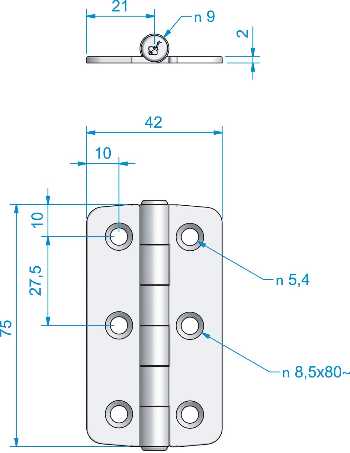 Roca Scharnier rostfreier Stahl 21+21x75mm