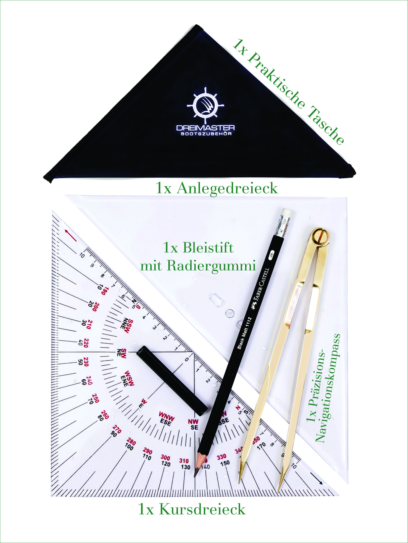Dreimaster-Bootszubehör, Navigationsset Premium SBF See & SKS – Kursdreieck, Anlegedreieck & Messing-Navigationszirkel mit Tasche