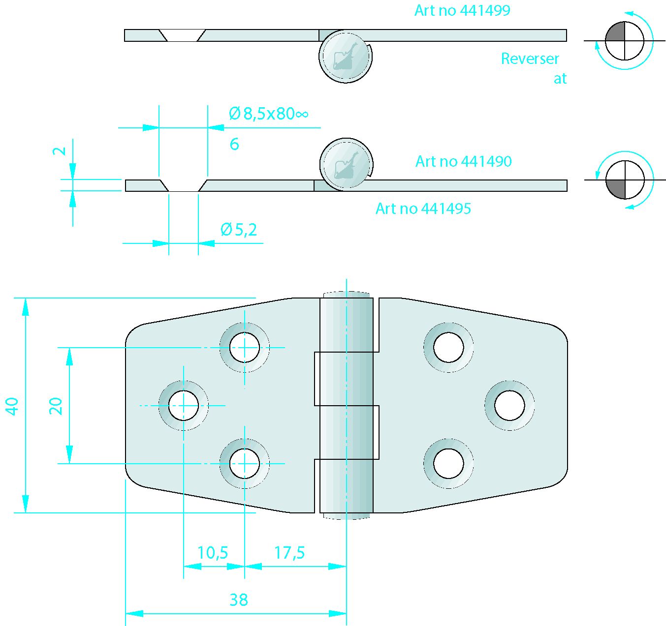 Roca Scharnier Messing poliert 38+38x40mm