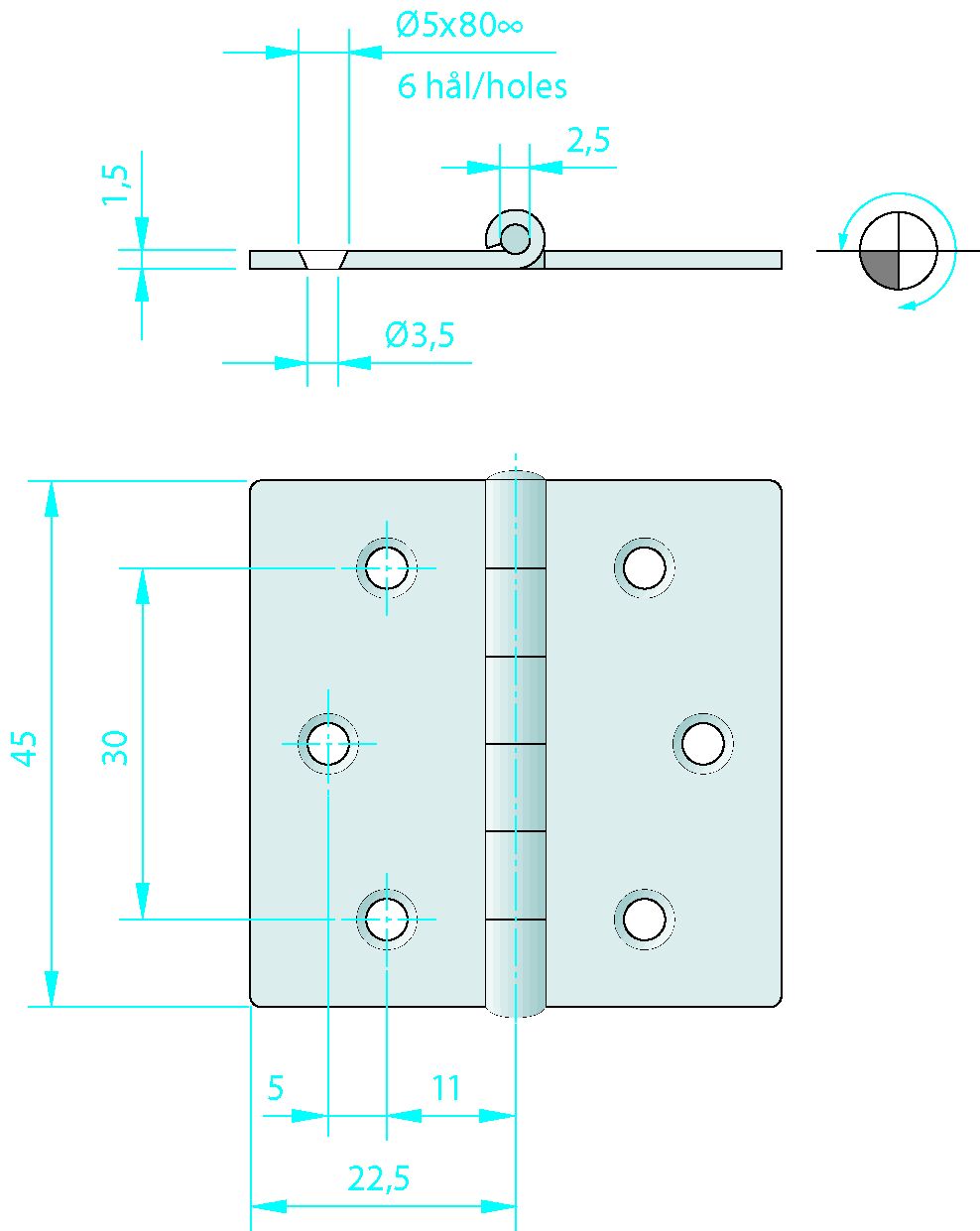 Roca Scharnier rostfreier Stahl 22,5+22,5x45mm