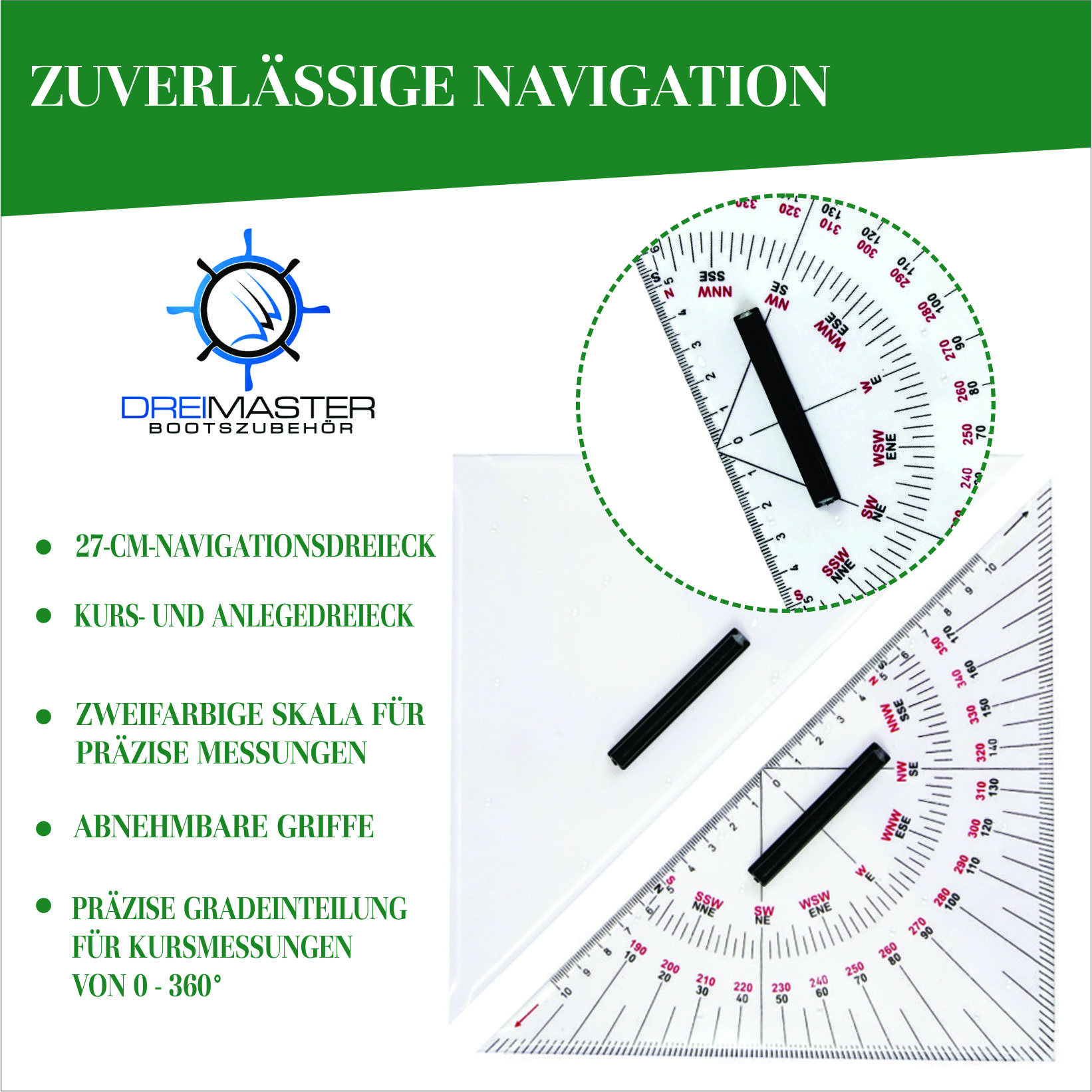 Dreimaster-Bootszubehör, Navigationsset Premium SBF See & SKS – Kursdreieck, Anlegedreieck & Messing-Navigationszirkel mit Tasche