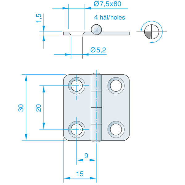 Roca Scharnier rostfreier Stahl 15+15x30mm