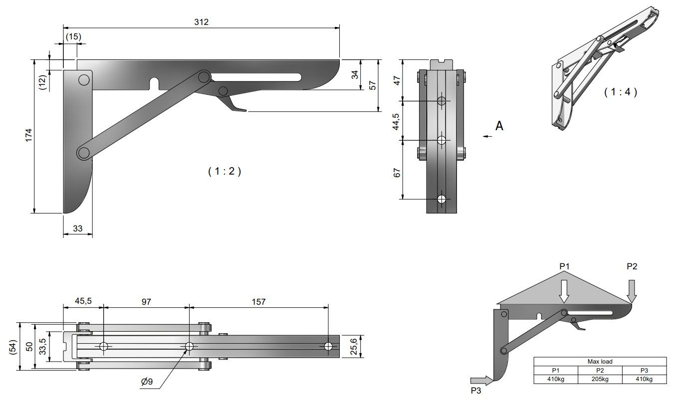 Roca Klappstütze rostfreier Stahl 314-174mm B=54mm 410-205kp