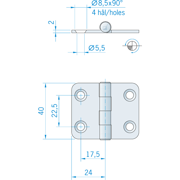 Roca Scharnier rostfreier Stahl 24+24x40mm