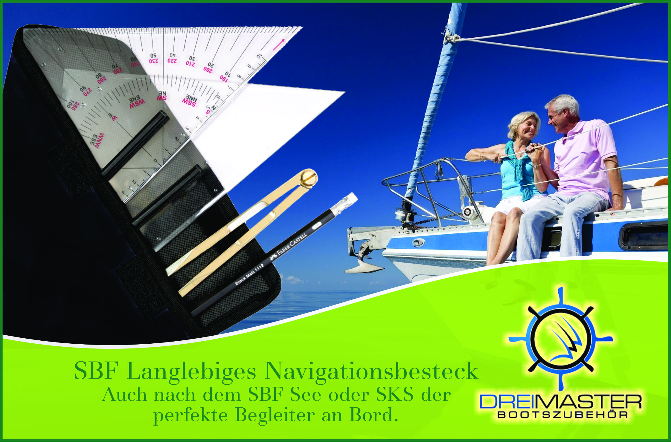 Dreimaster-Bootszubehör, Navigationsset Premium SBF See & SKS – Kursdreieck, Anlegedreieck & Messing-Navigationszirkel mit Tasche