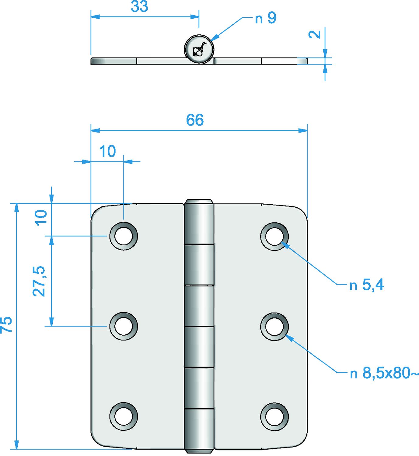 Roca Scharnier rostfreier Stahl 33+33x75mm